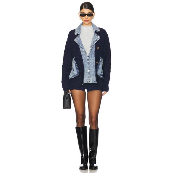 BLANKNYC Womens Small Top Pick Blue Last Call Mixed Media Cardigan Sweaer HR7-33 - Picture 1 of 9